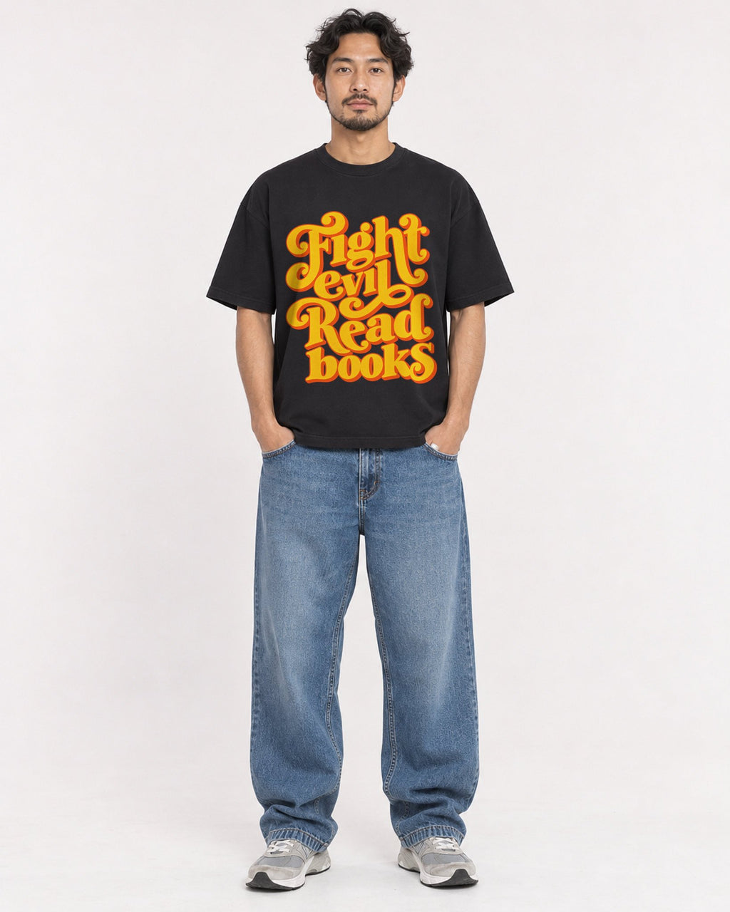 Mockup Boxy Heavyweight Tee Black male full-body 02