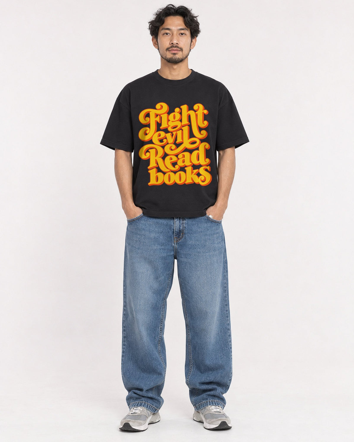 Mockup Boxy Heavyweight Tee Black male full-body 02