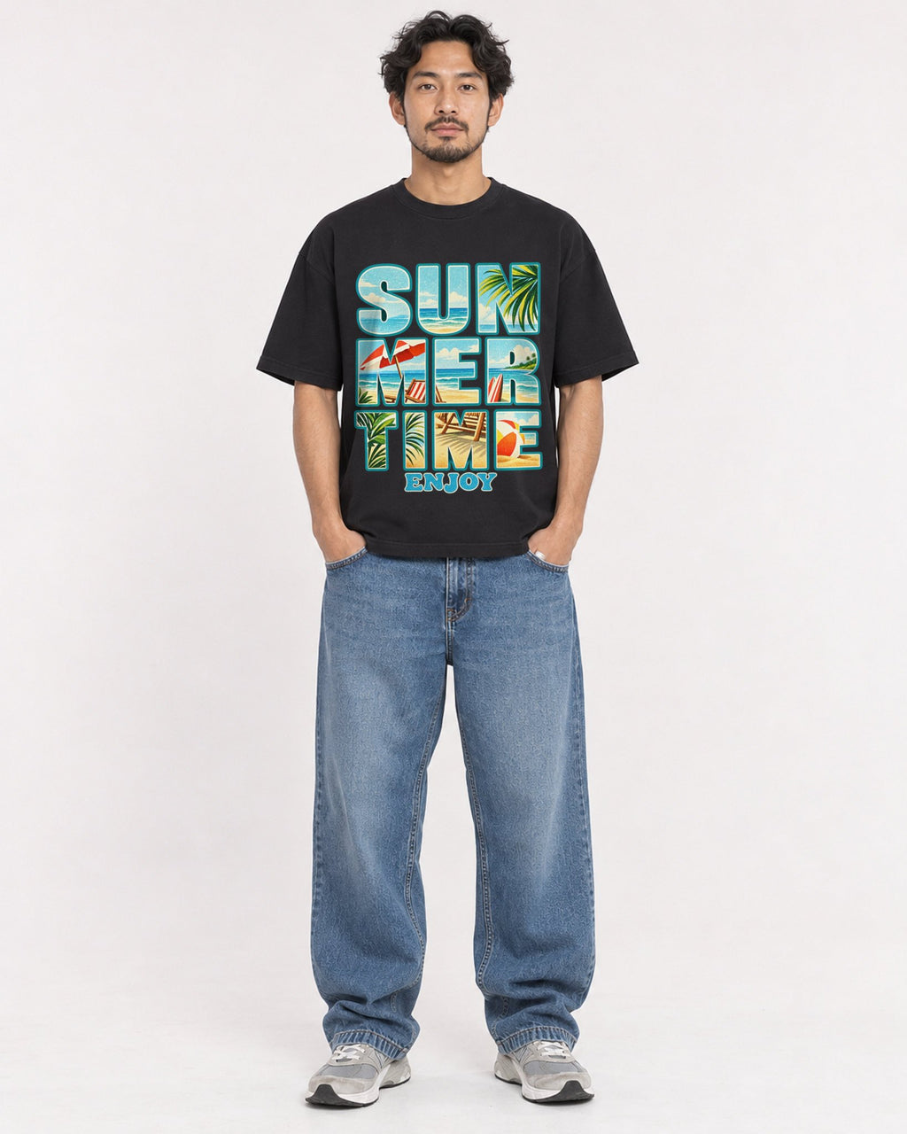 Mockup Boxy Heavyweight Tee Black male full-body 02