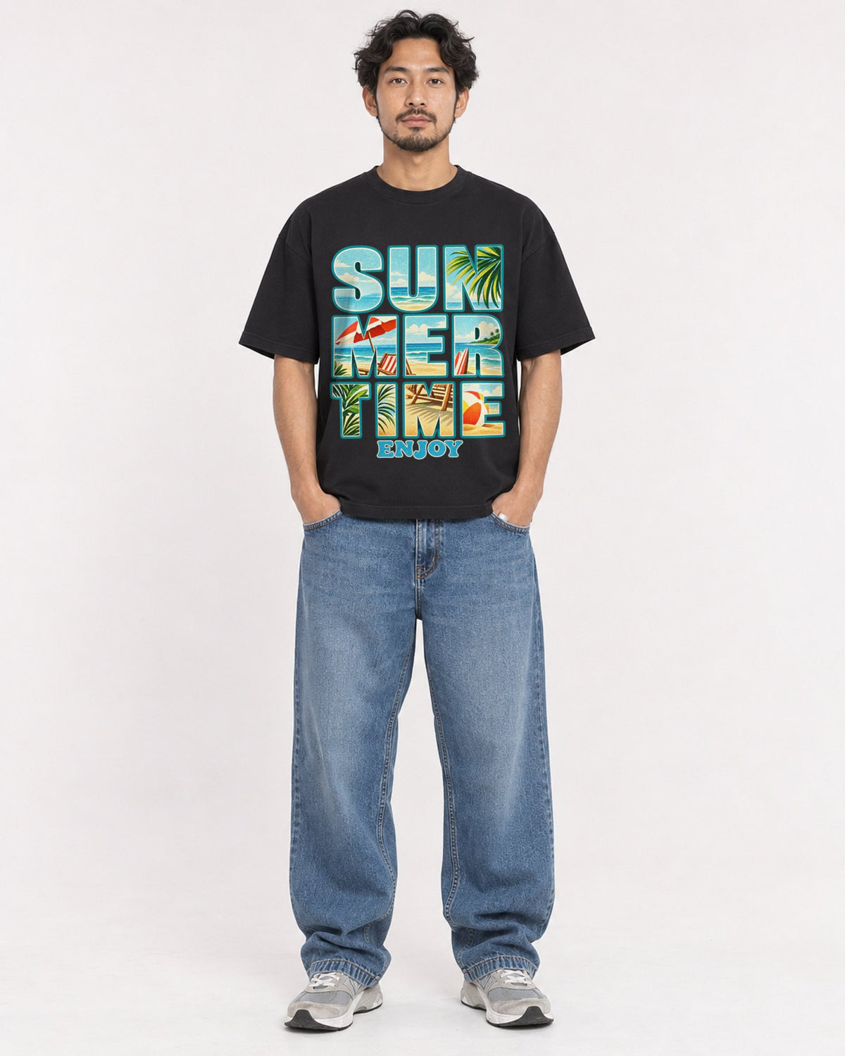 Mockup Boxy Heavyweight Tee Black male full-body 02