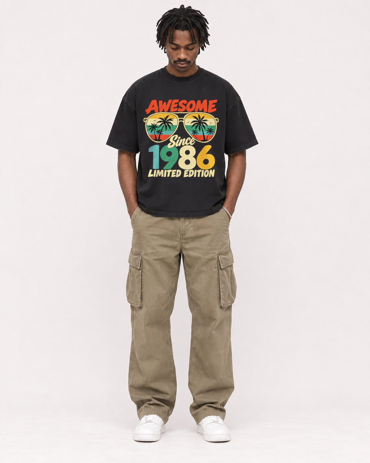 Mockup Boxy Heavyweight Tee Black male full-body 04
