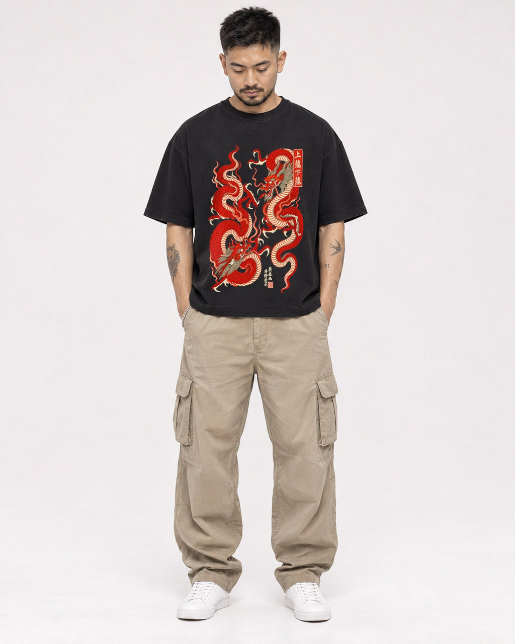 Mockup Boxy Heavyweight Tee Black male full-body 12