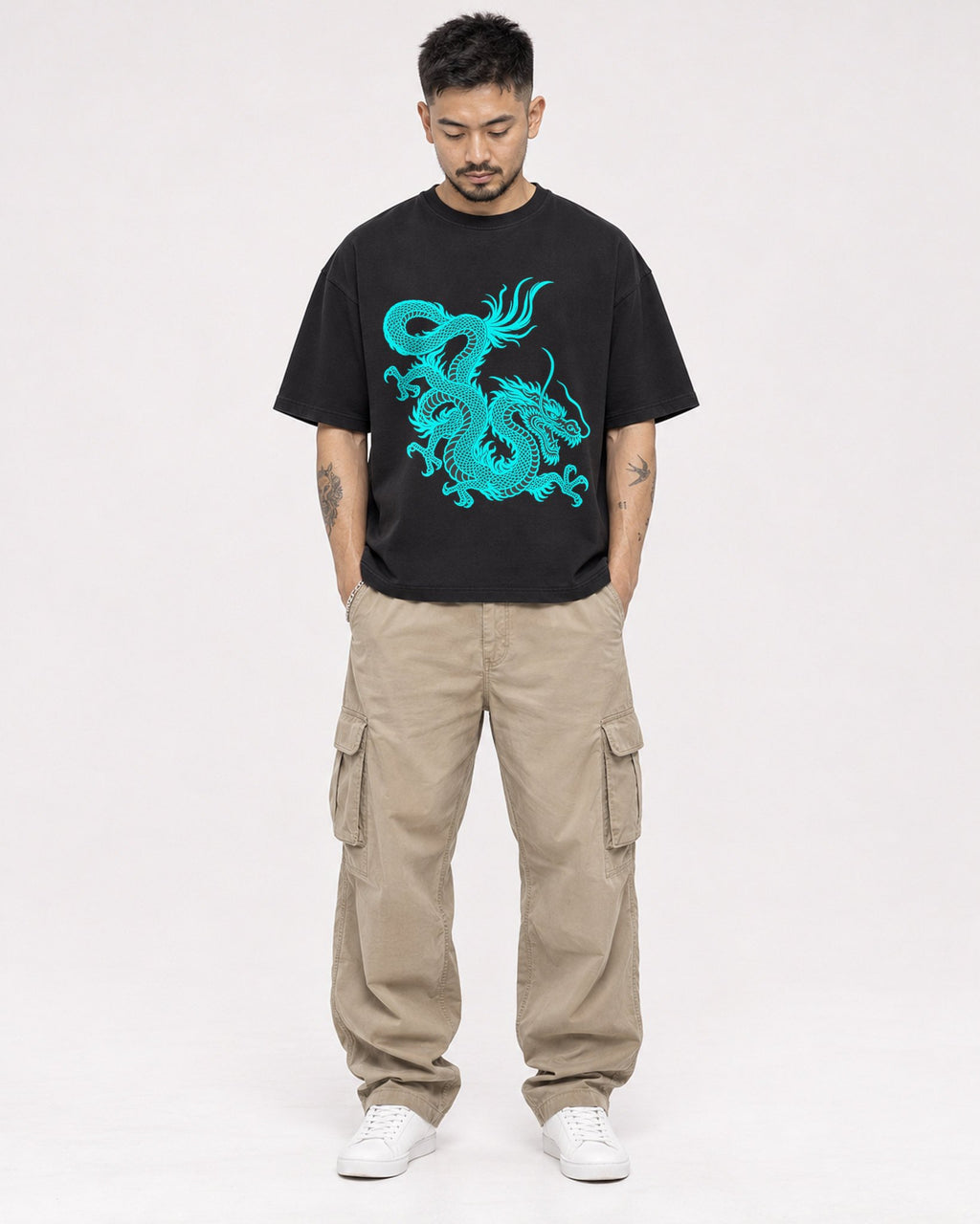 Mockup Boxy Heavyweight Tee Black male full-body 12