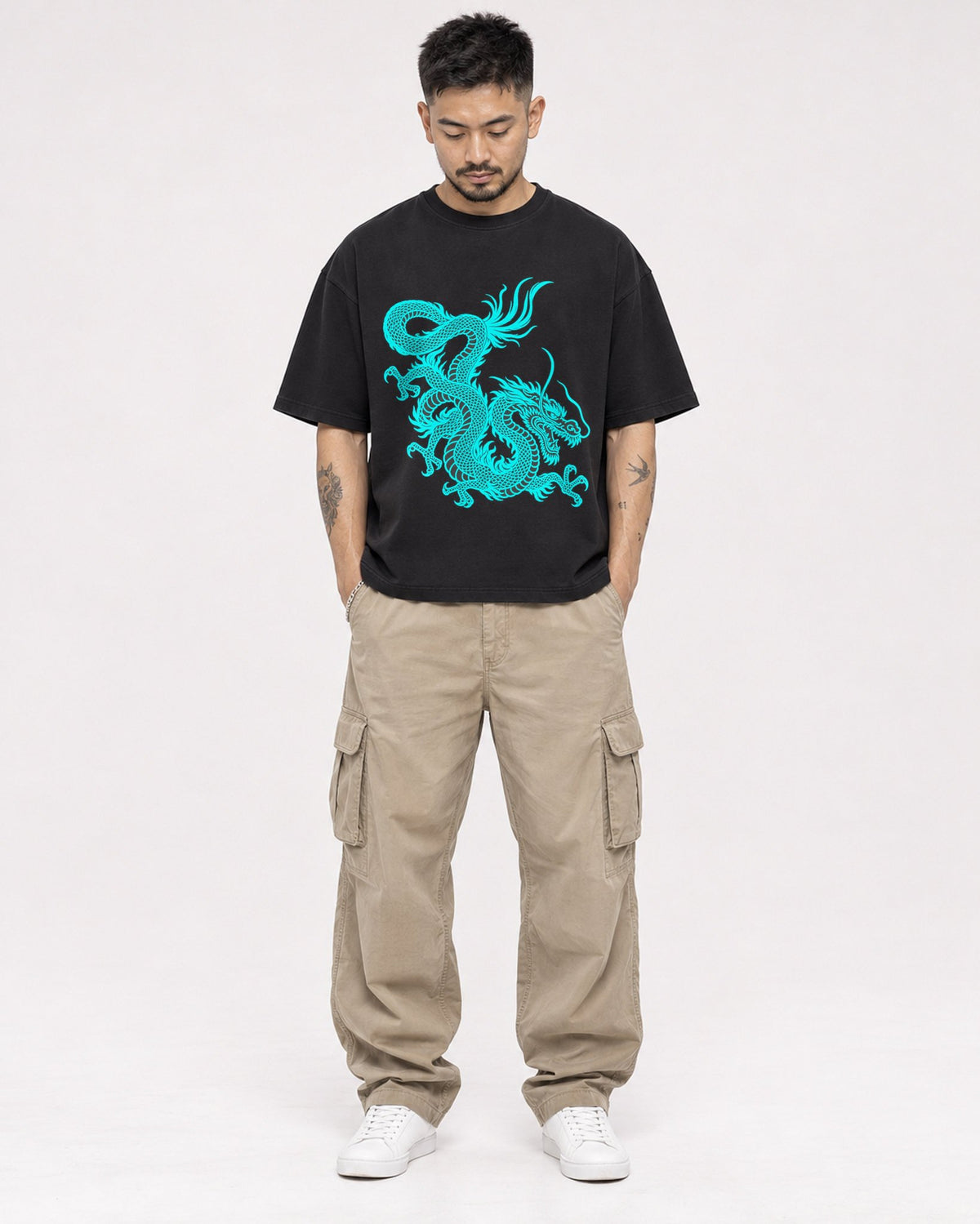 Mockup Boxy Heavyweight Tee Black male full-body 12