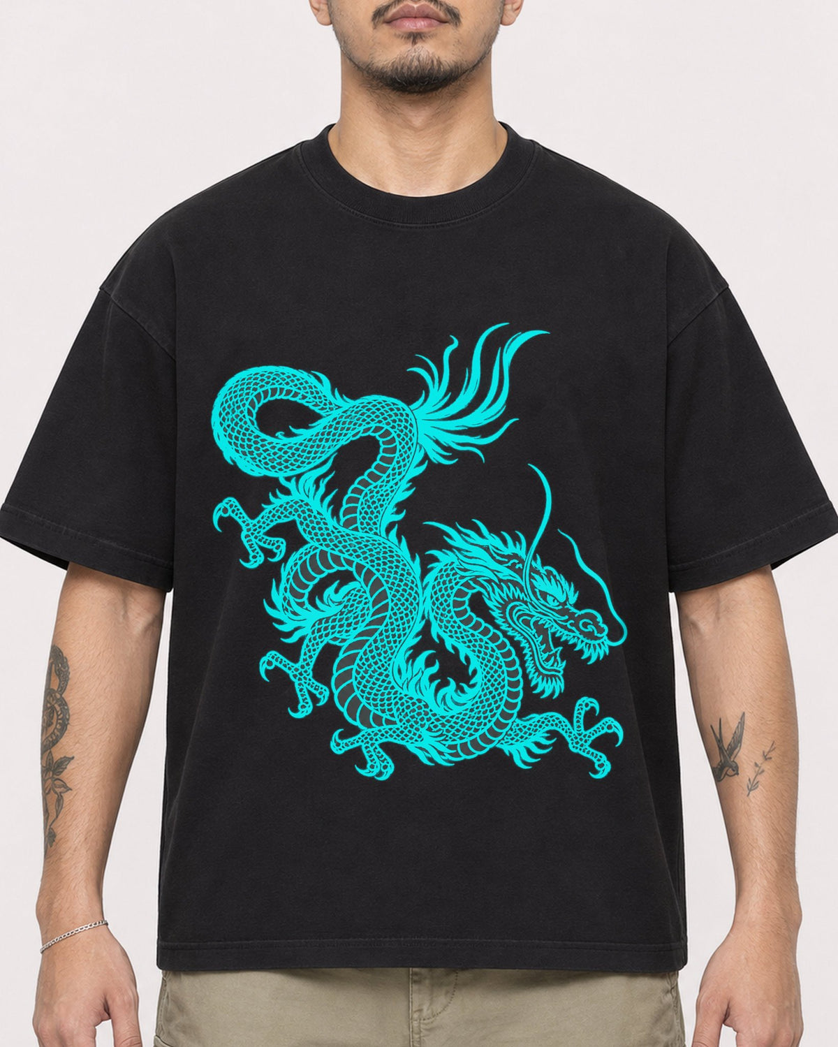 Mockup Boxy Heavyweight Tee Black male close-up 12