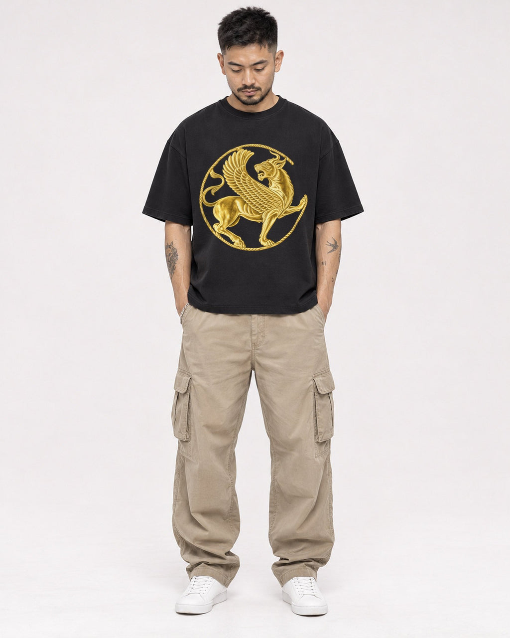 Mockup Boxy Heavyweight Tee Black male full-body 12