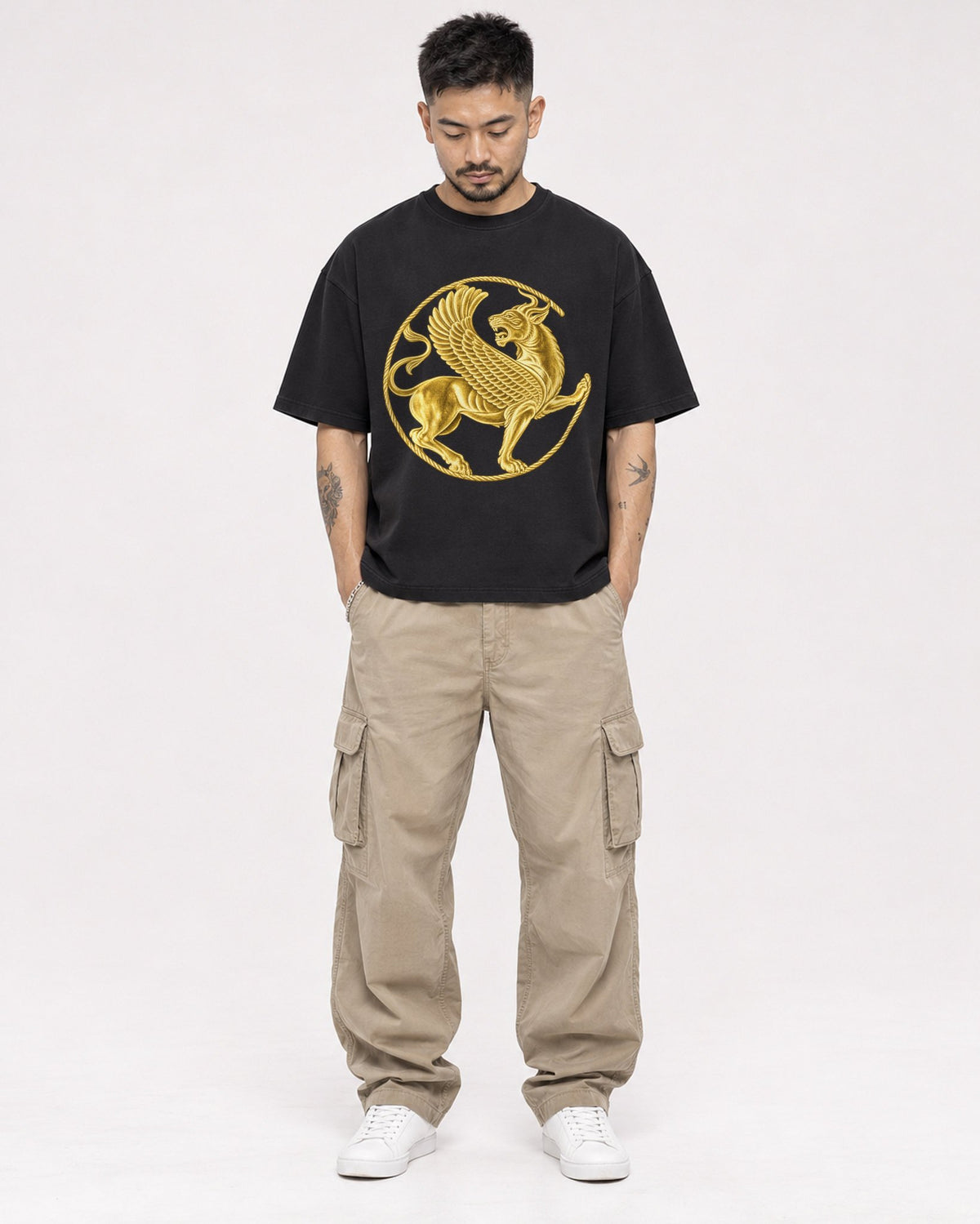 Mockup Boxy Heavyweight Tee Black male full-body 12