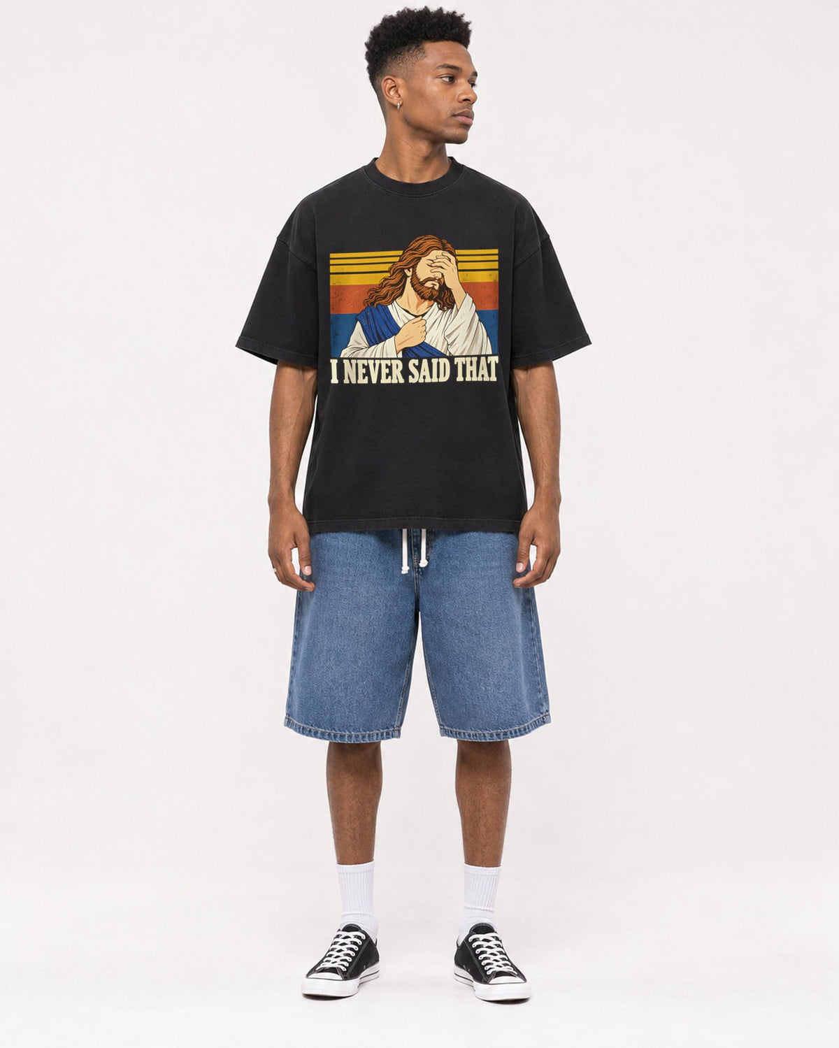 Mockup Boxy Heavyweight Tee Black male full-body 15