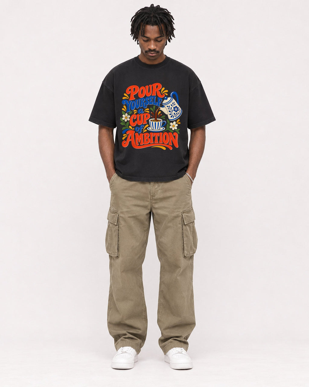Mockup Boxy Heavyweight Tee Black male full-body 04