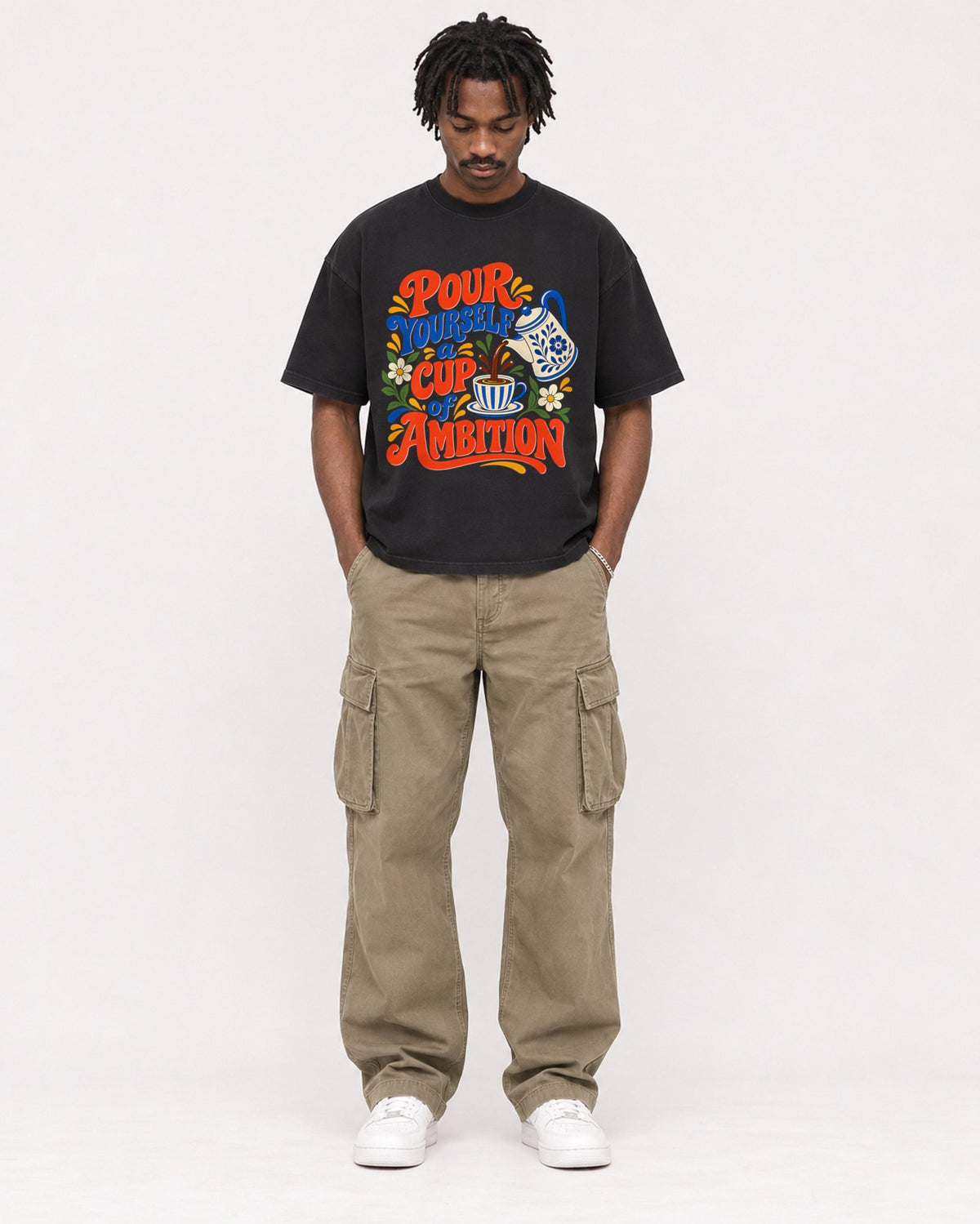 Mockup Boxy Heavyweight Tee Black male full-body 04