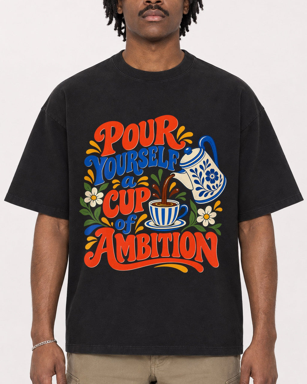 Mockup Boxy Heavyweight Tee Black male close-up 04