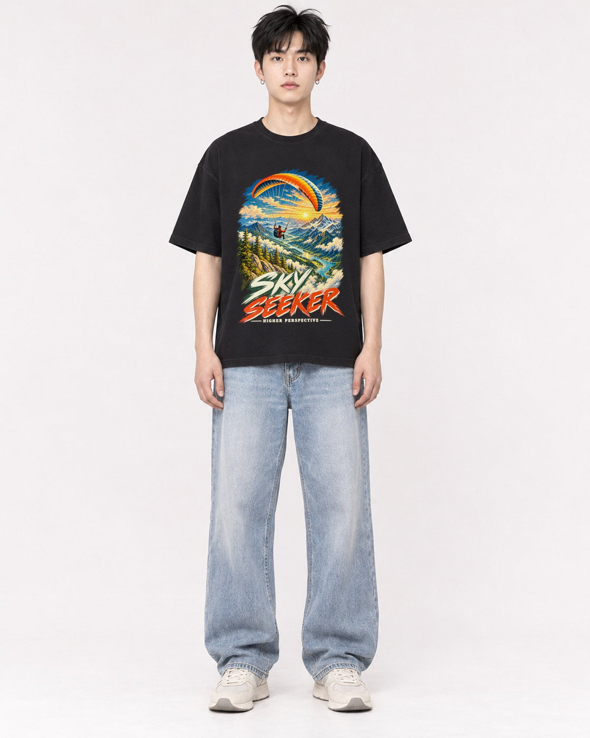 Mockup Boxy Heavyweight Tee Black male full-body 01