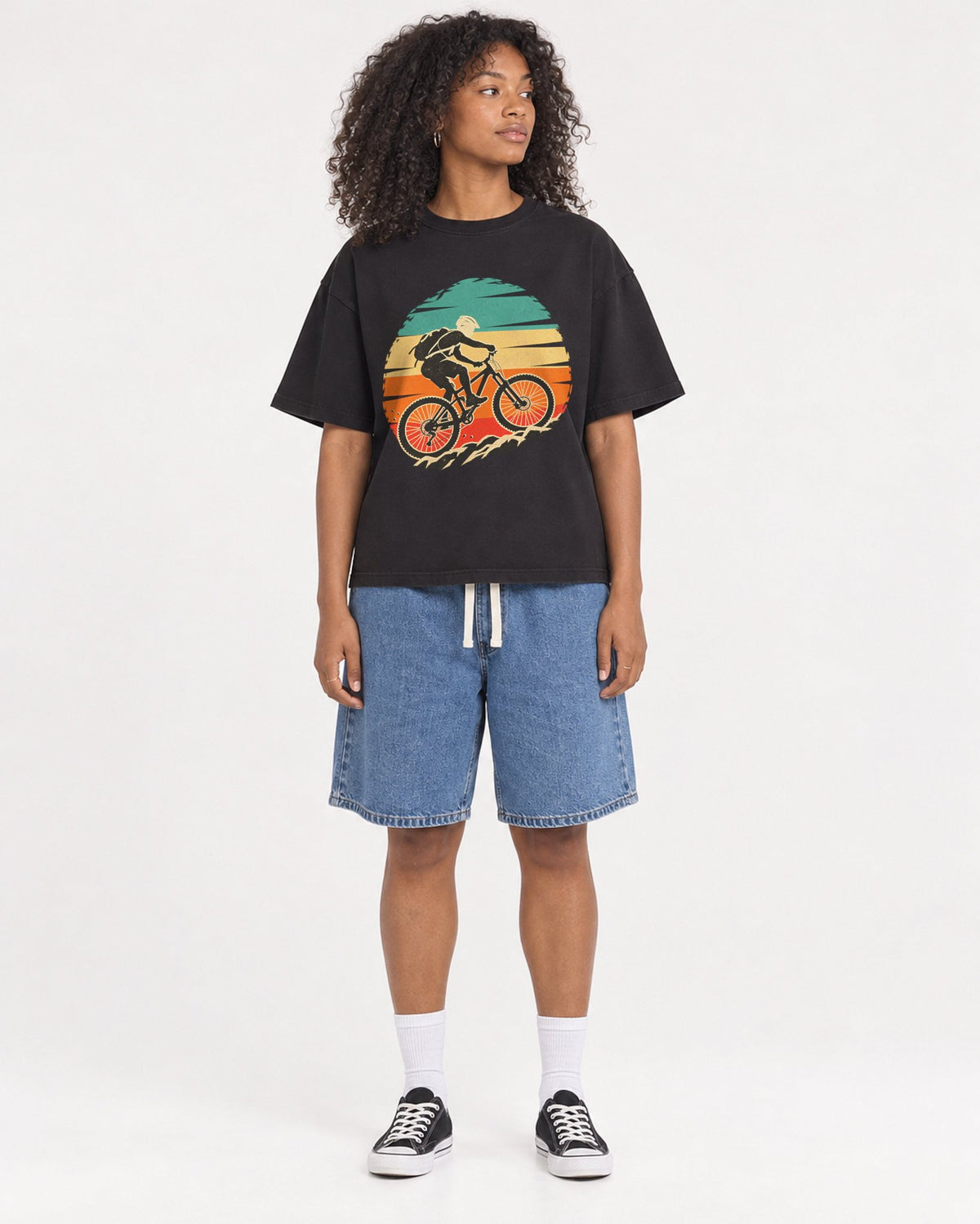 Mockup Boxy Heavyweight Tee Black female full-body 05