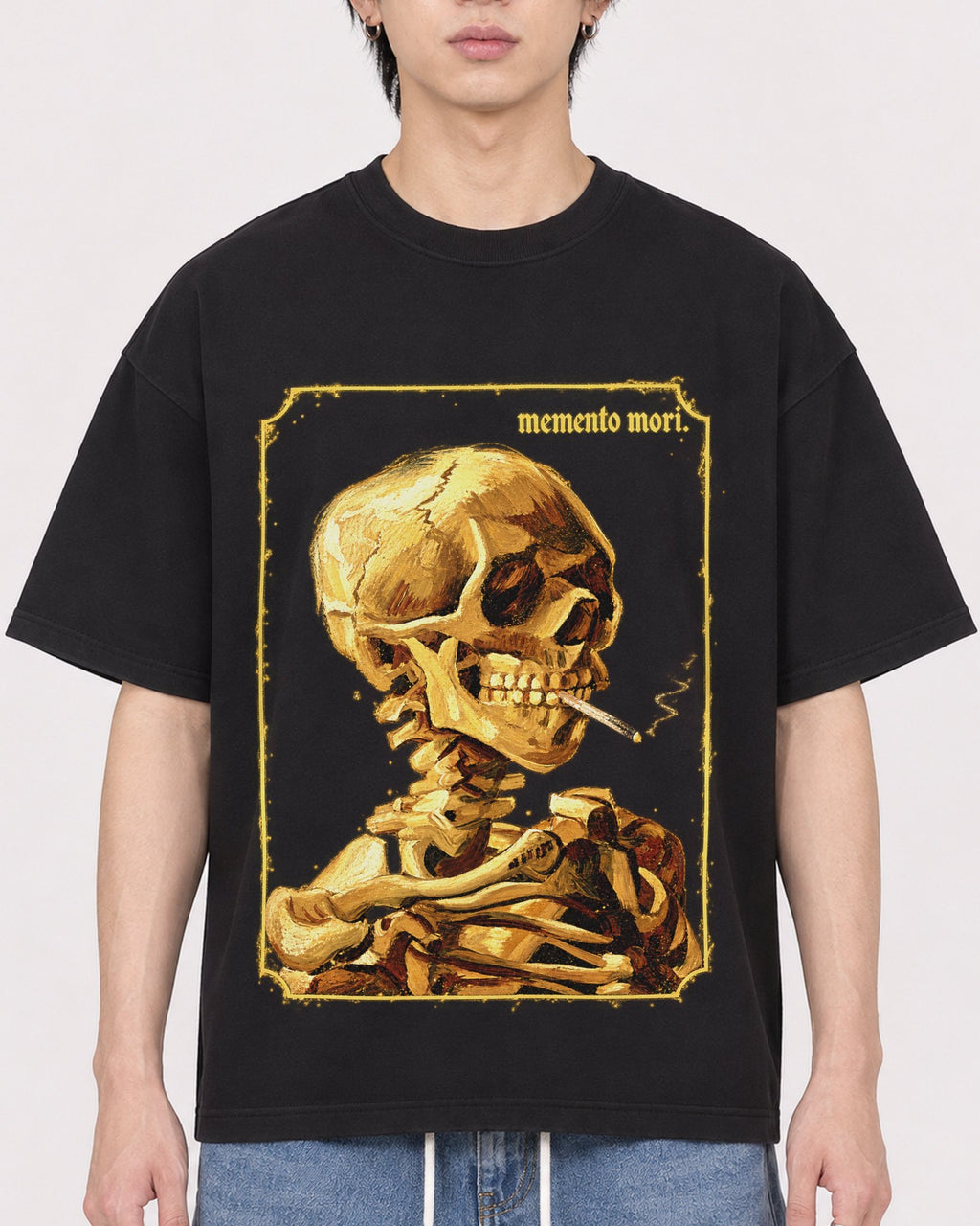 Mockup Boxy Heavyweight Tee Black male close-up 11