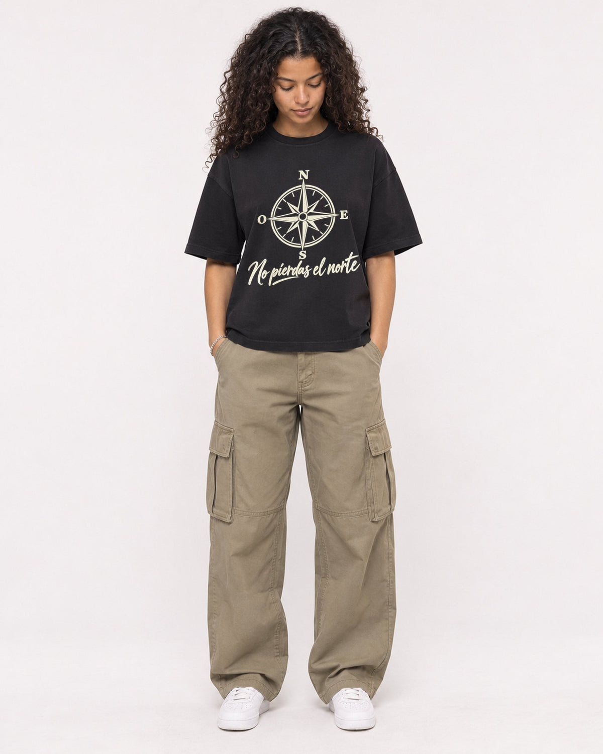 Mockup Boxy Heavyweight Tee Black female full-body 10