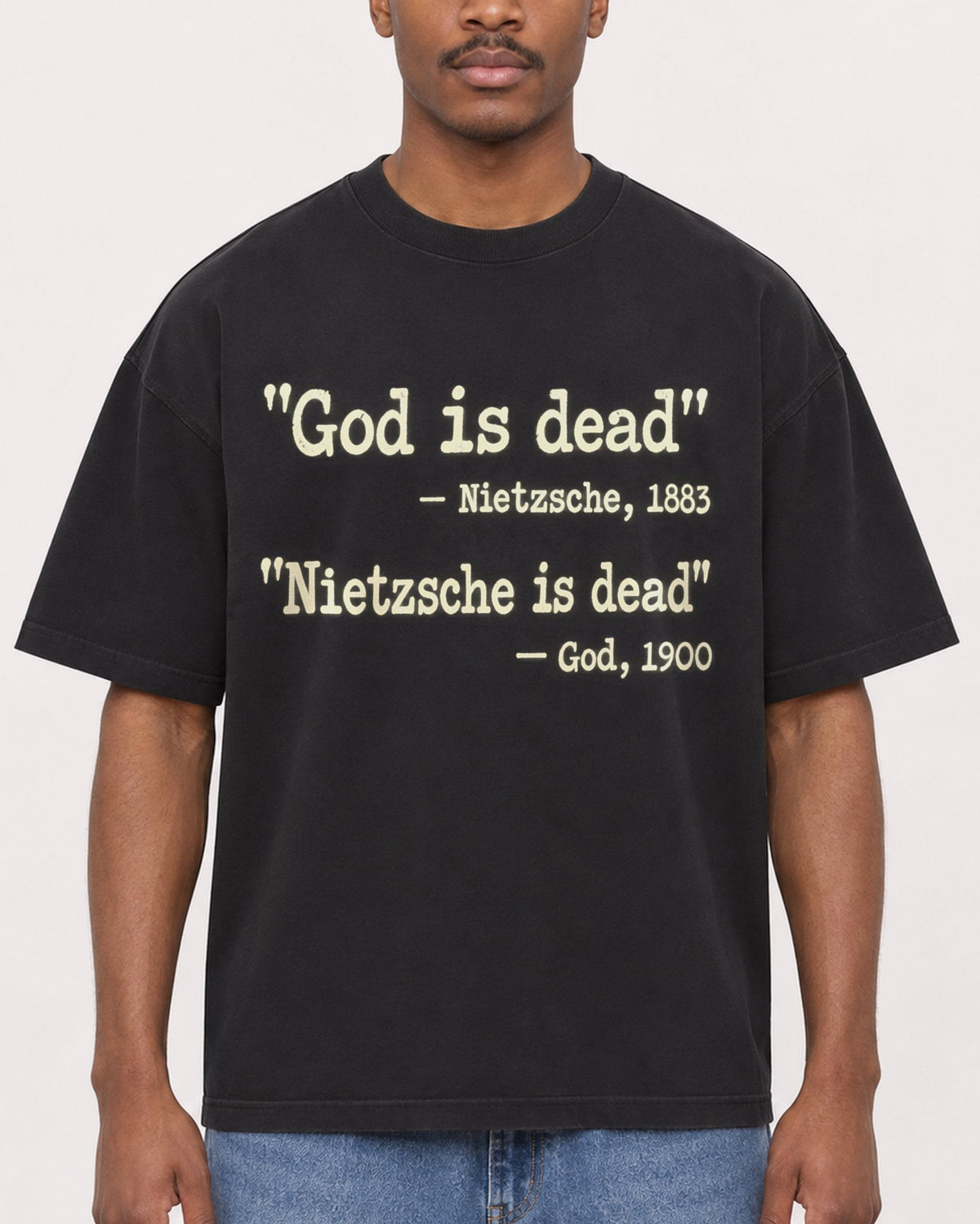 Mockup Boxy Heavyweight Tee Black male close-up 14