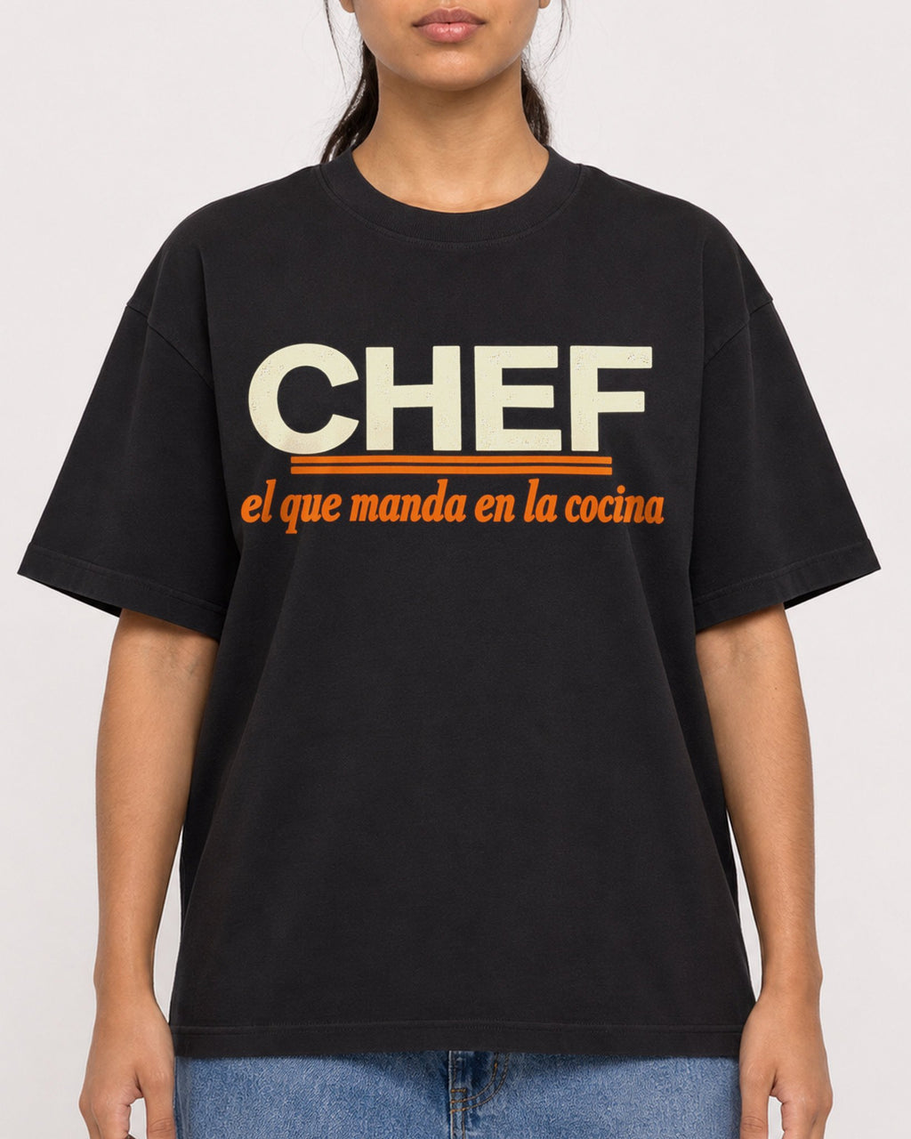 Mockup Boxy Heavyweight Tee Black female close-up 16