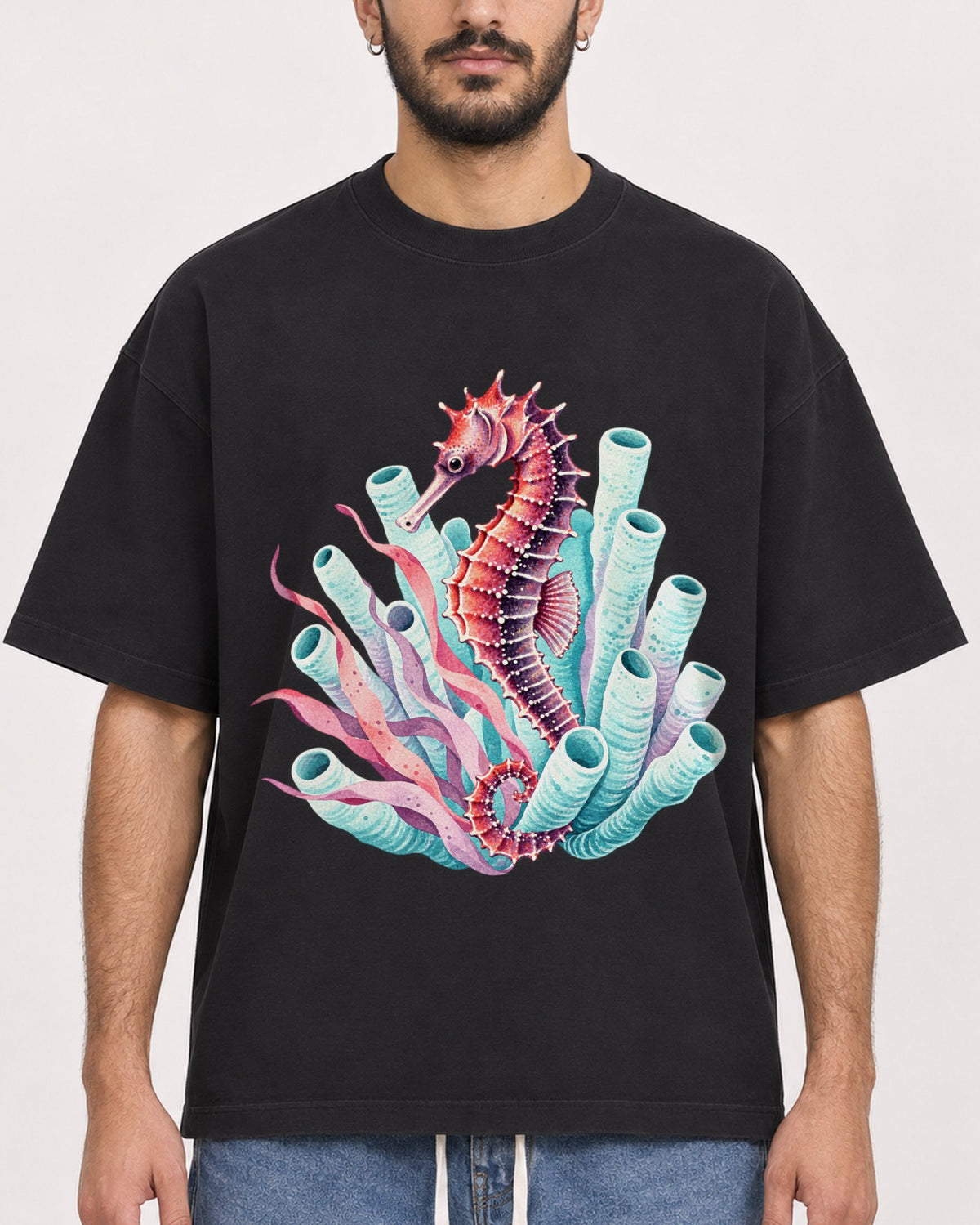 Mockup Boxy Heavyweight Tee Black male close-up 07