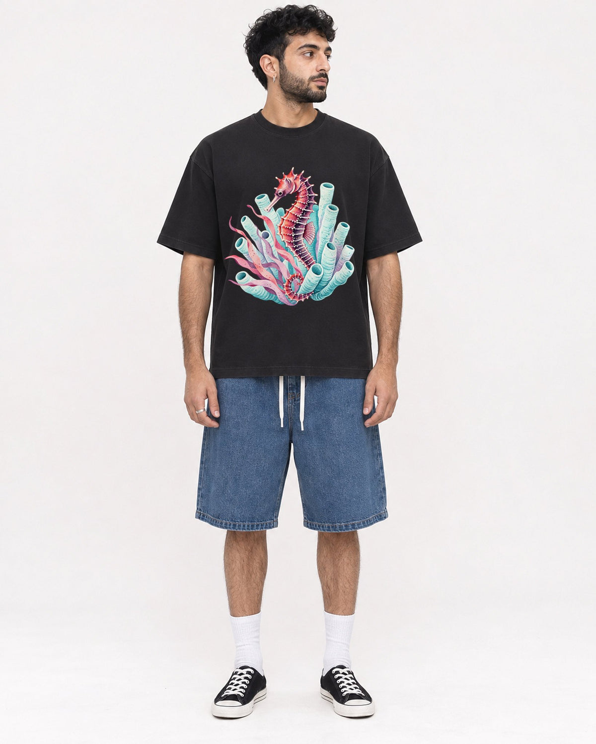 Mockup Boxy Heavyweight Tee Black male full-body 07