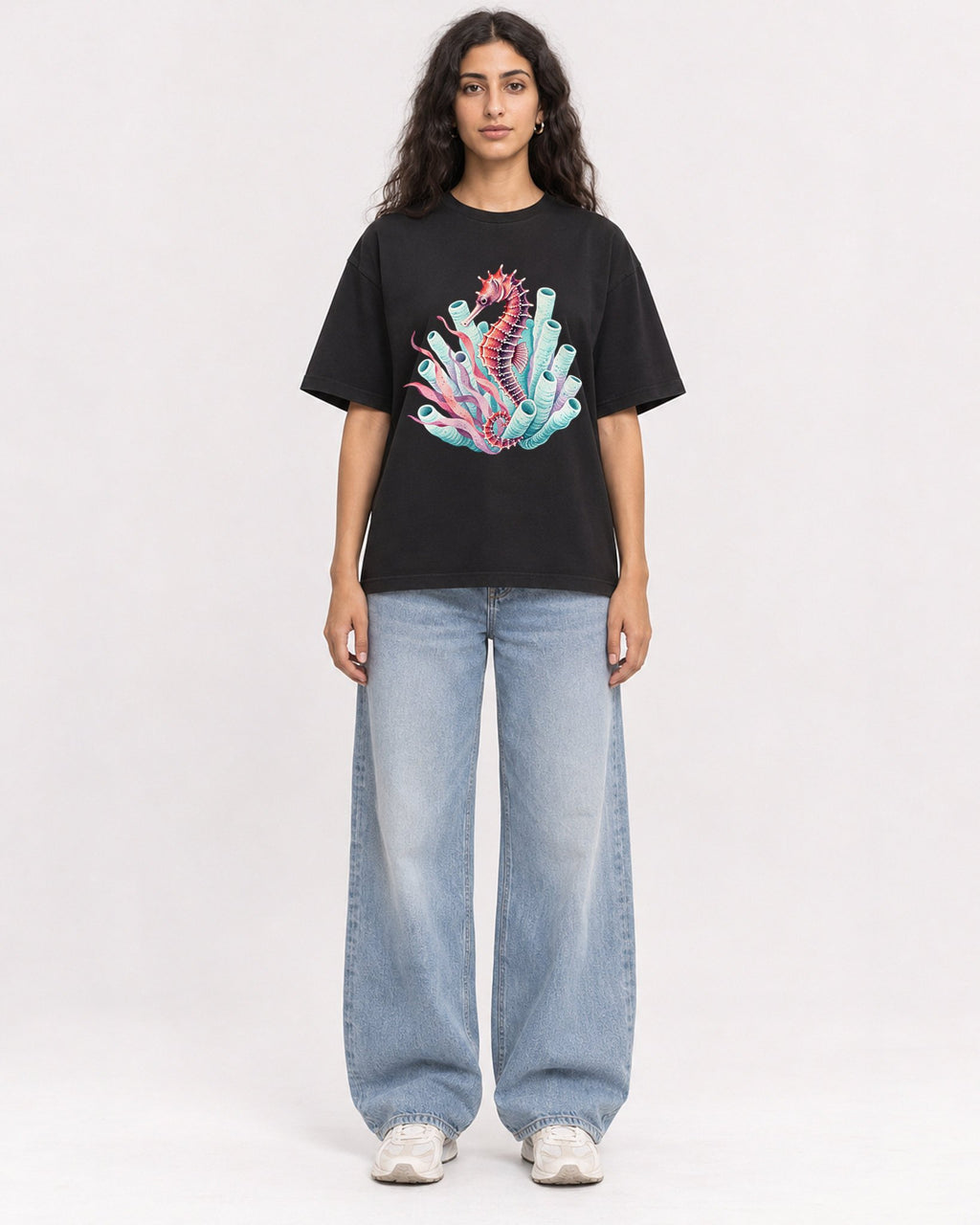 Mockup Boxy Heavyweight Tee Black female full-body 07