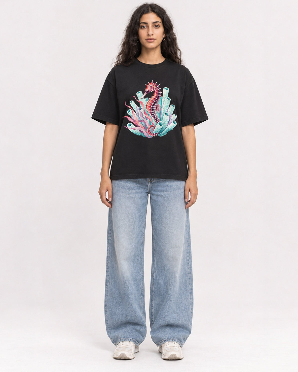 Mockup Boxy Heavyweight Tee Black female full-body 07