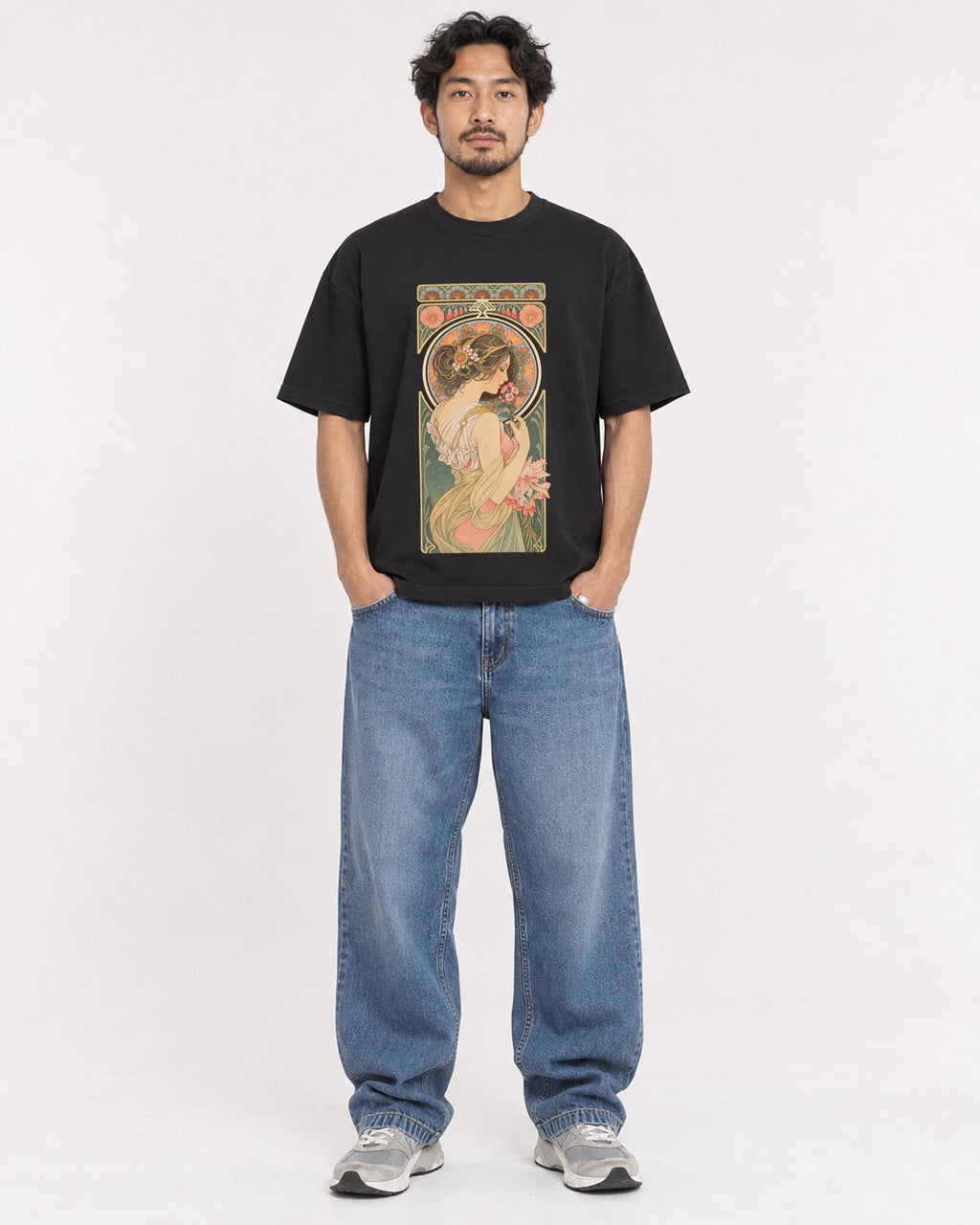 Mockup Boxy Heavyweight Tee Black male full-body 02