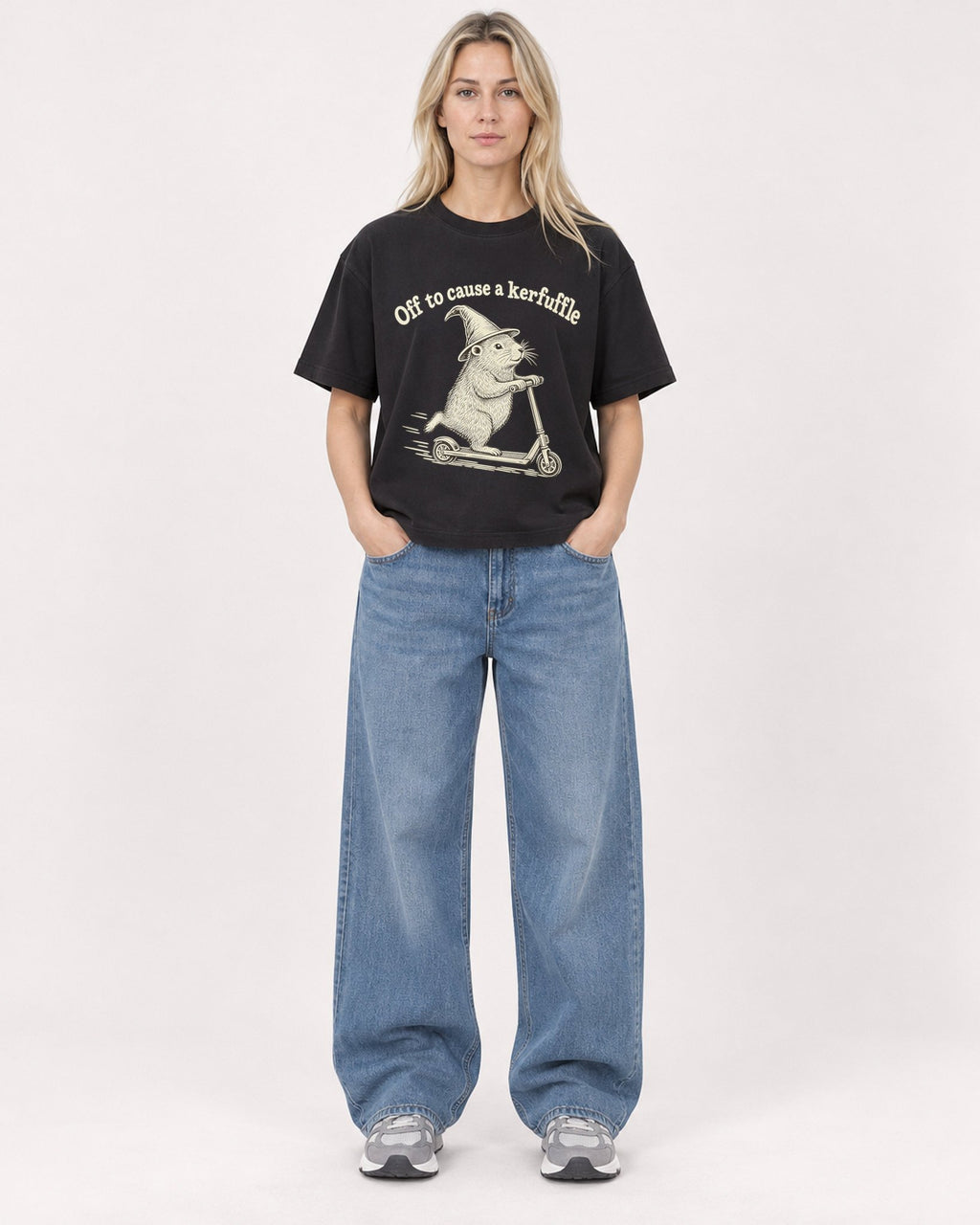 Mockup Boxy Heavyweight Tee Black female full-body 08