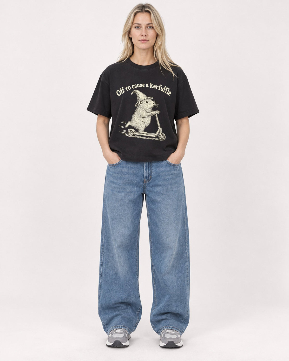 Mockup Boxy Heavyweight Tee Black female full-body 08