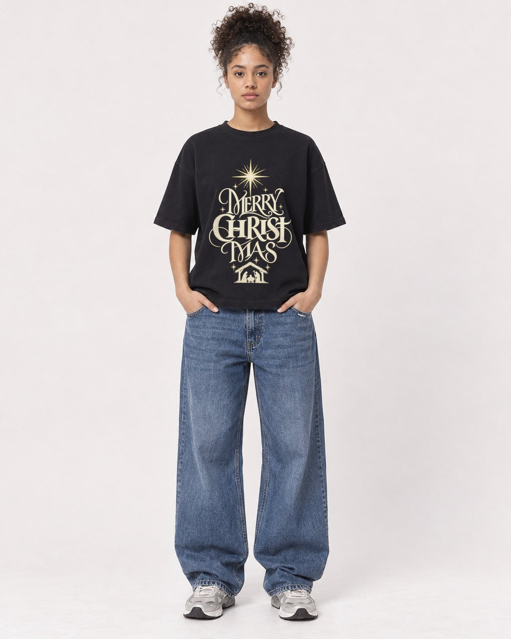 Mockup Boxy Heavyweight Tee Black female full-body 20