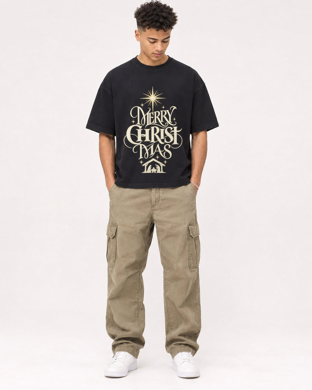 Mockup Boxy Heavyweight Tee Black male full-body 20