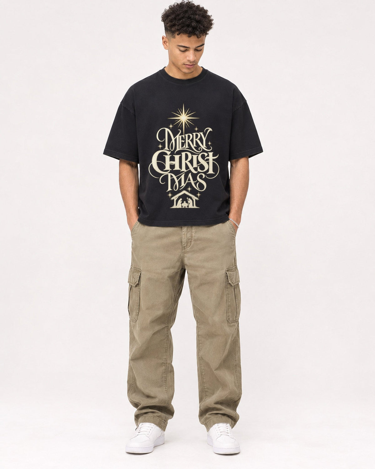 Mockup Boxy Heavyweight Tee Black male full-body 20