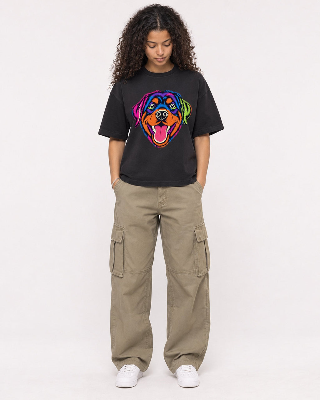 Mockup Boxy Heavyweight Tee Black female full-body 10