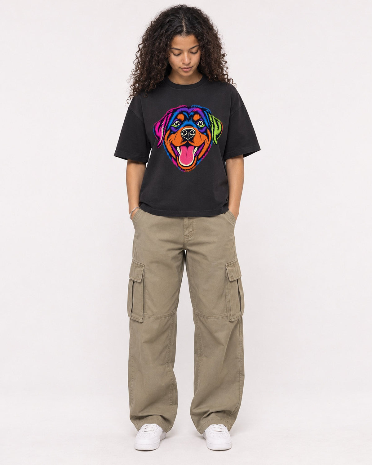 Mockup Boxy Heavyweight Tee Black female full-body 10