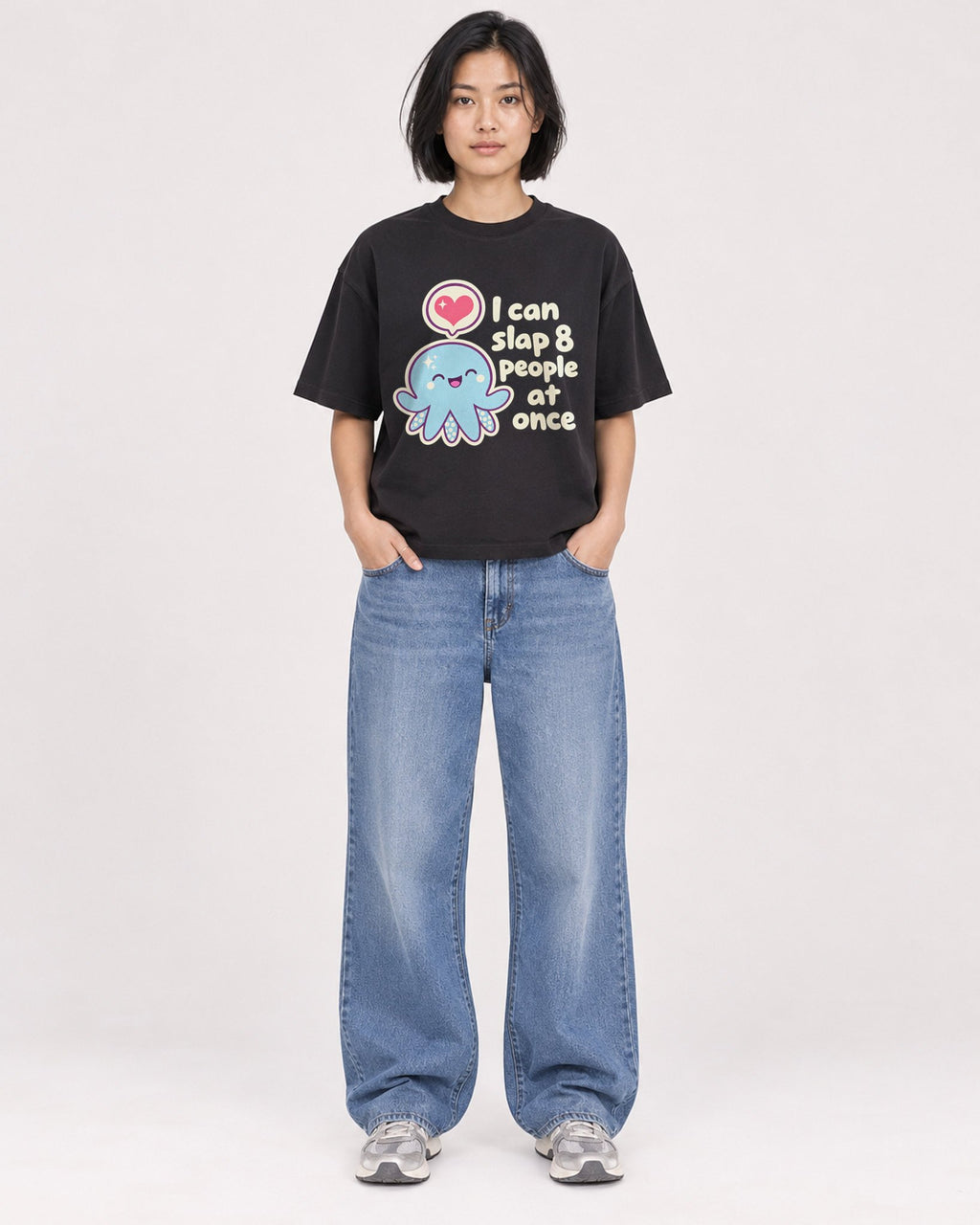 Mockup Boxy Heavyweight Tee Black female full-body 32