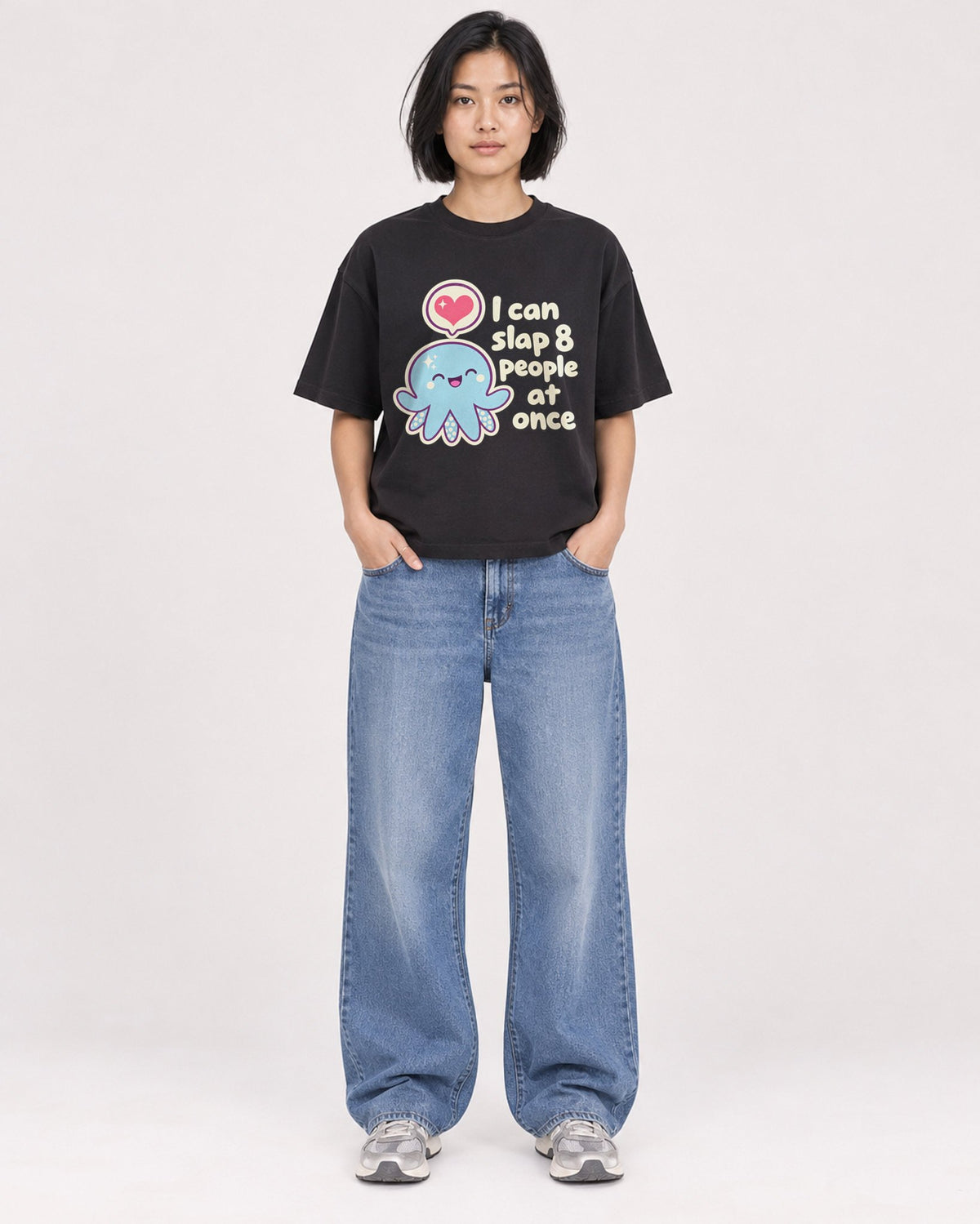 Mockup Boxy Heavyweight Tee Black female full-body 32