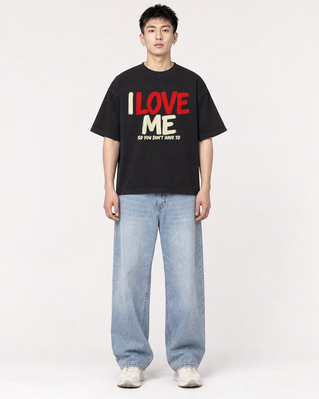 Mockup Boxy Heavyweight Tee Black male full-body 21