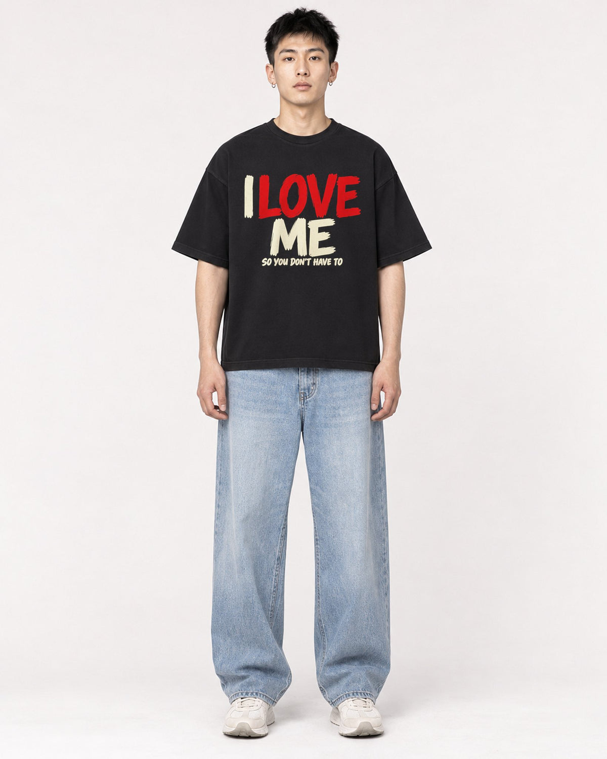 Mockup Boxy Heavyweight Tee Black male full-body 21