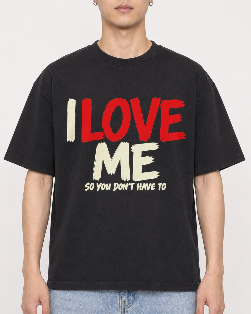 Mockup Boxy Heavyweight Tee Black male close-up 21