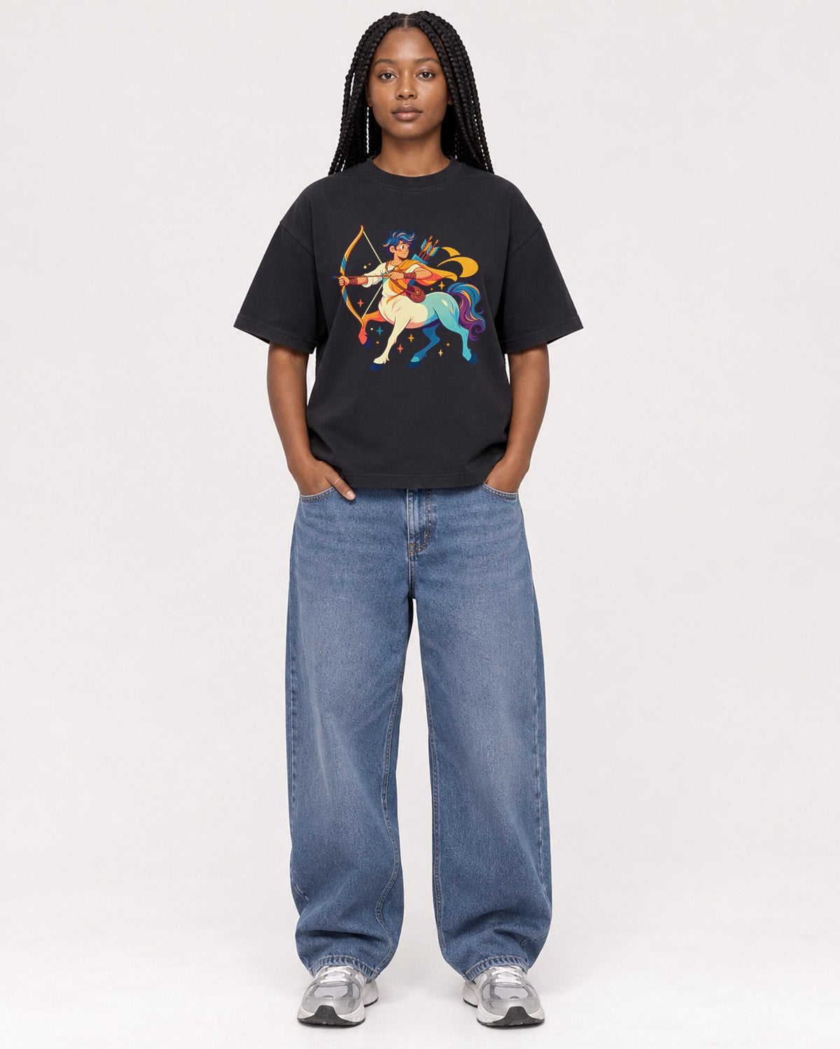 Mockup Boxy Heavyweight Tee Black female full-body 04