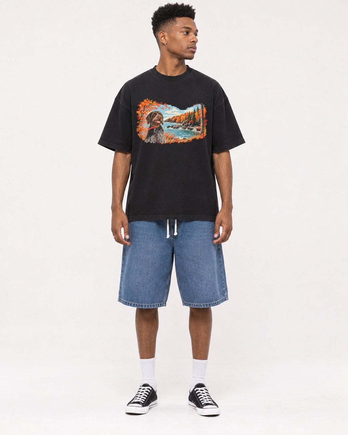 Mockup Boxy Heavyweight Tee Black male full-body 15