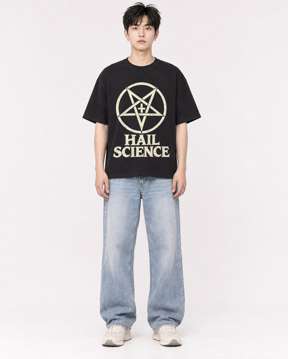 Mockup Boxy Heavyweight Tee Black male full-body 01