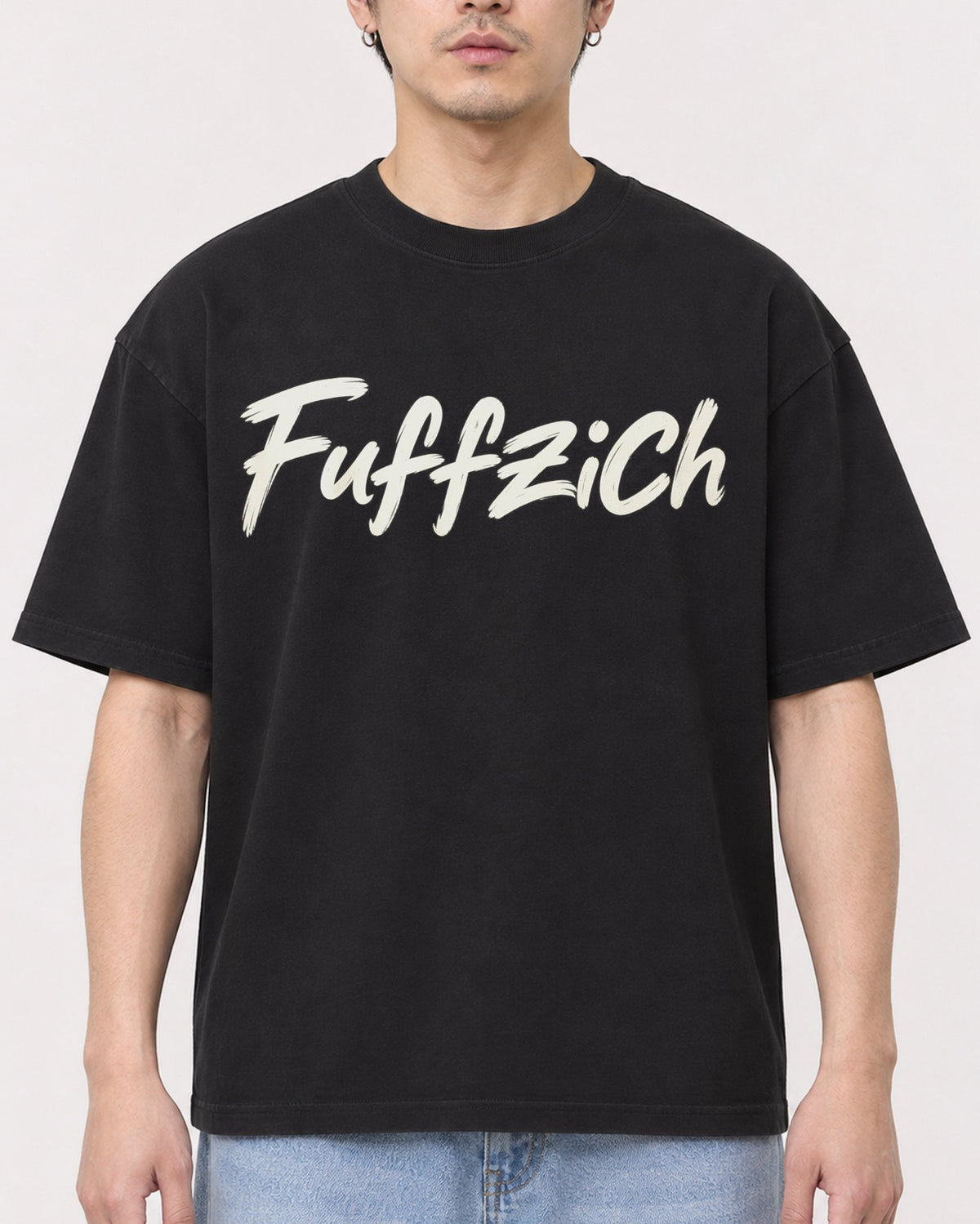 Mockup Boxy Heavyweight Tee Black male close-up 13