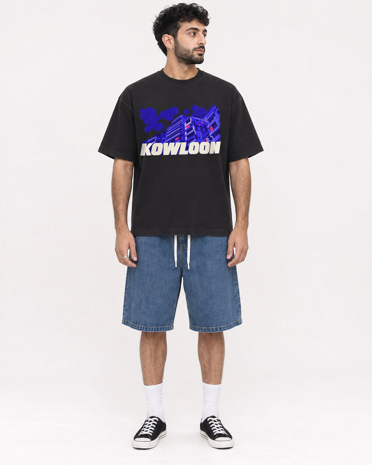 Mockup Boxy Heavyweight Tee Black male full-body 07