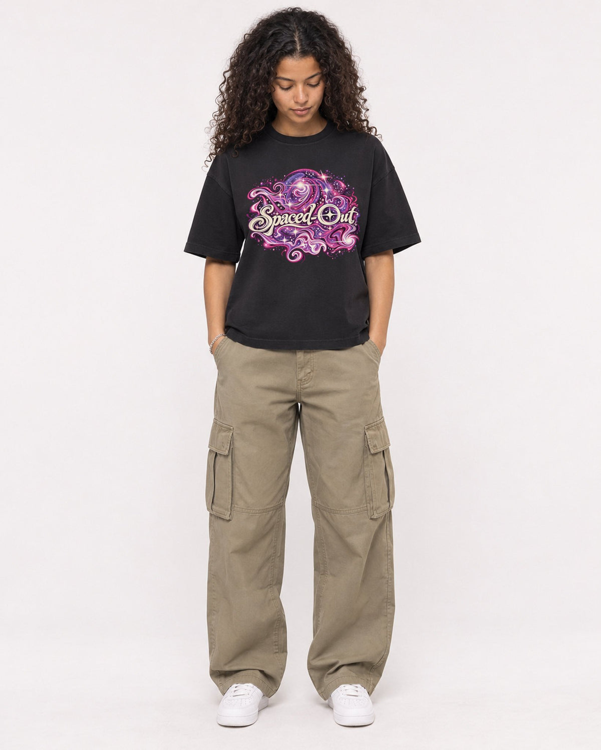 Mockup Boxy Heavyweight Tee Black female full-body 10