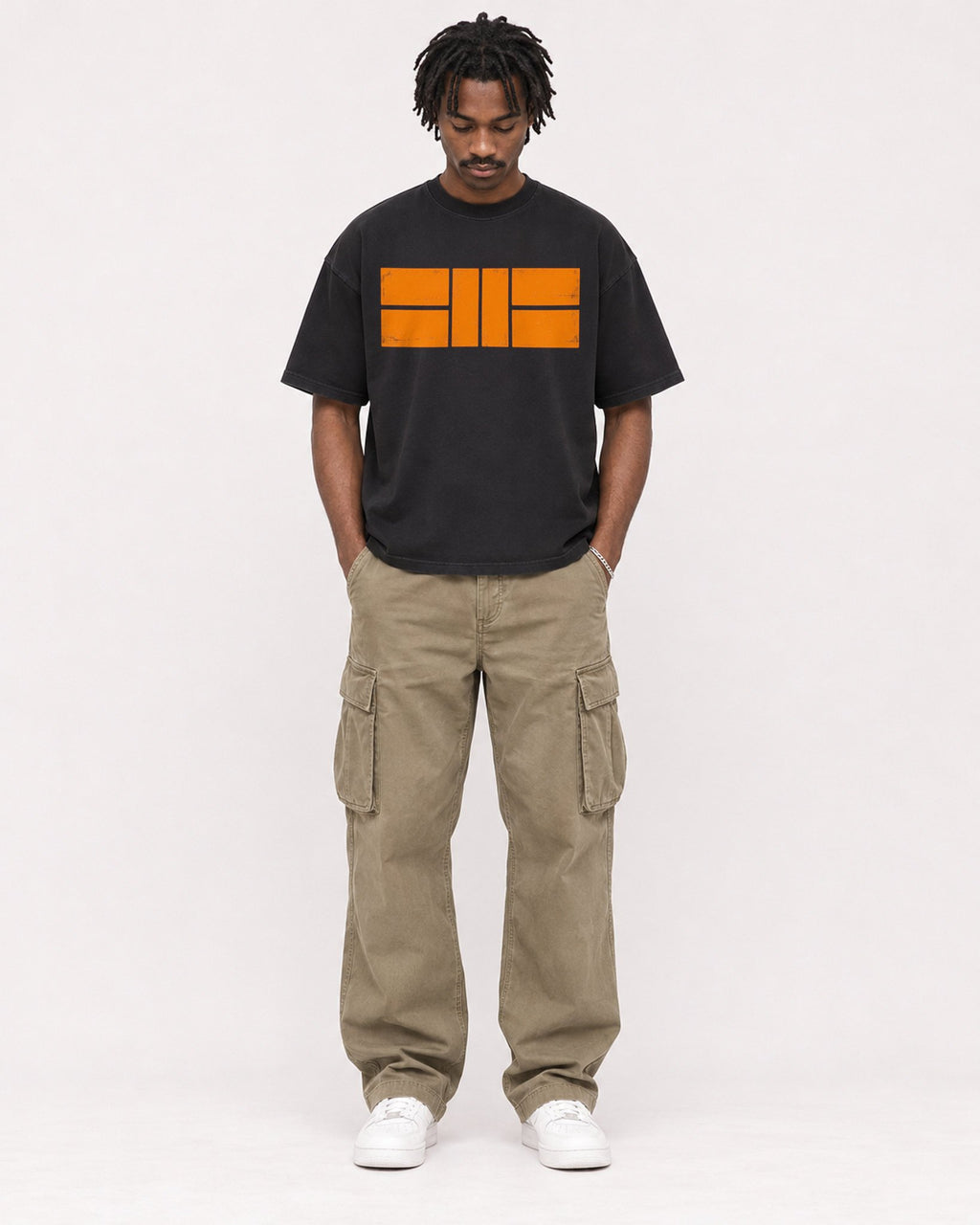Mockup Boxy Heavyweight Tee Black male full-body 04