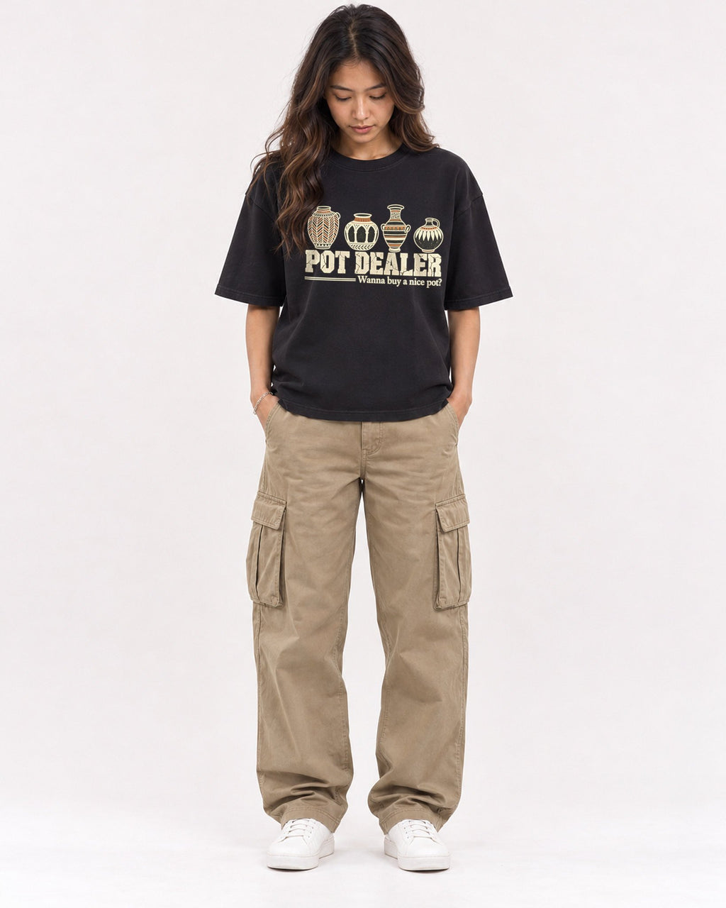 Mockup Boxy Heavyweight Tee Black female full-body 02