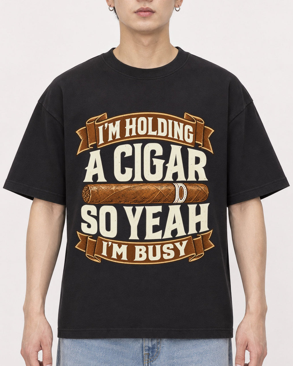 Mockup Boxy Heavyweight Tee Black male close-up 01