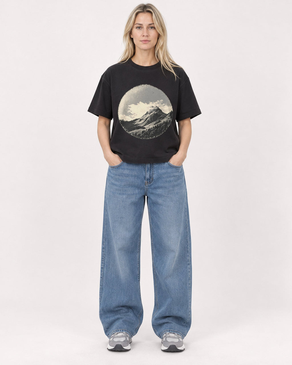 Mockup Boxy Heavyweight Tee Black female full-body 08