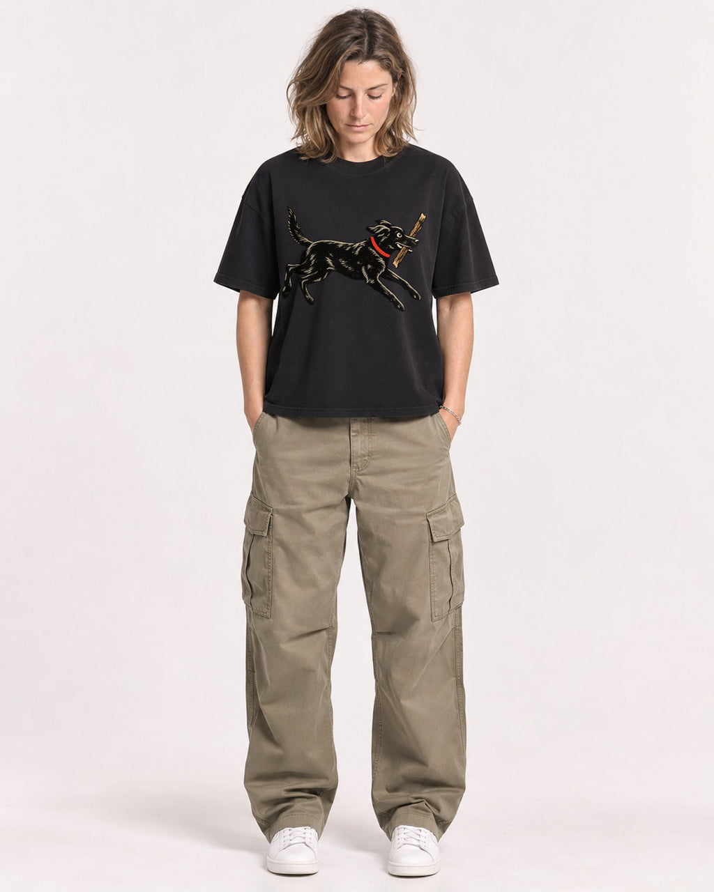 Mockup Boxy Heavyweight Tee Black female full-body 38