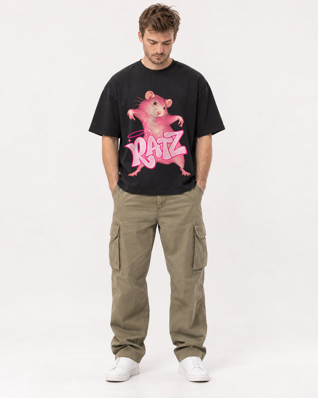 Mockup Boxy Heavyweight Tee Black male full-body 08